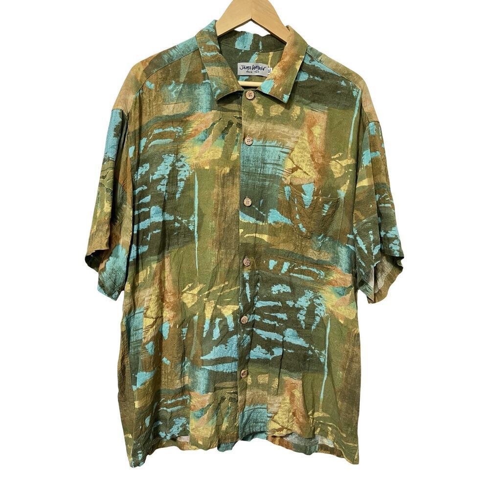 Jams World Hawaiian Abstract Rayon Button Shirt‎ Mens Size XL Green Fern Patch